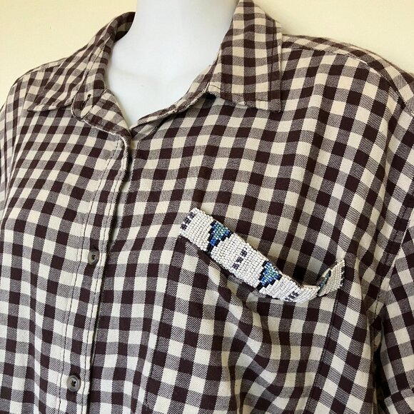Denim & Supply Brown Plaid Short Sleeve Shirt Beaded Pocket Women's Medium Top - Picture 2 of 7